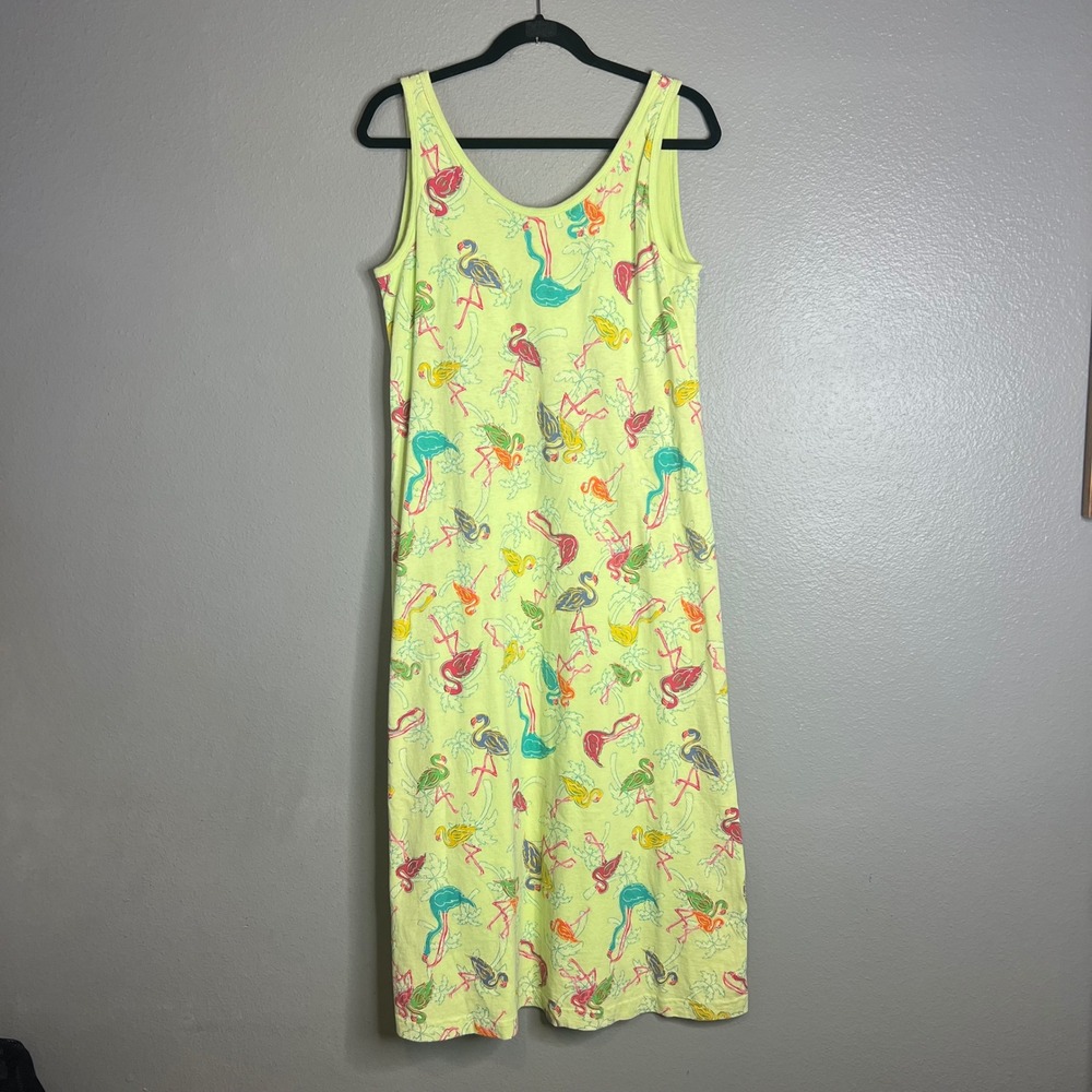 Fresh Produce Tank Dress Sz XL Green Flamingo Palm Tree Cotton Maxi Whimsical
